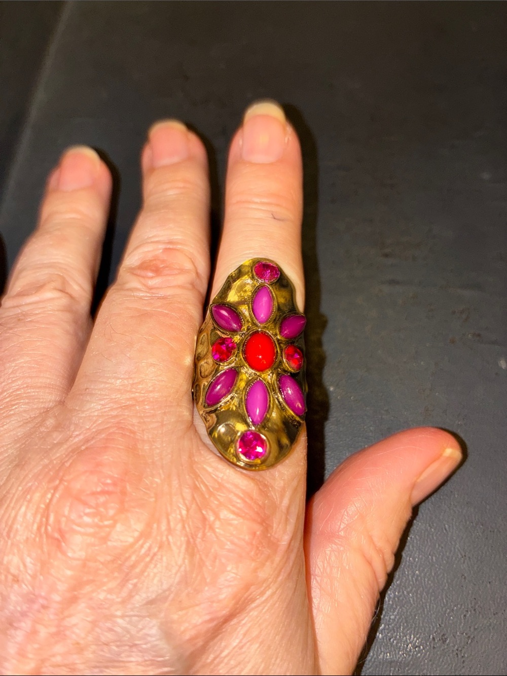 Gold-Tone Pink & Red Statement Cocktail Stretch Ring